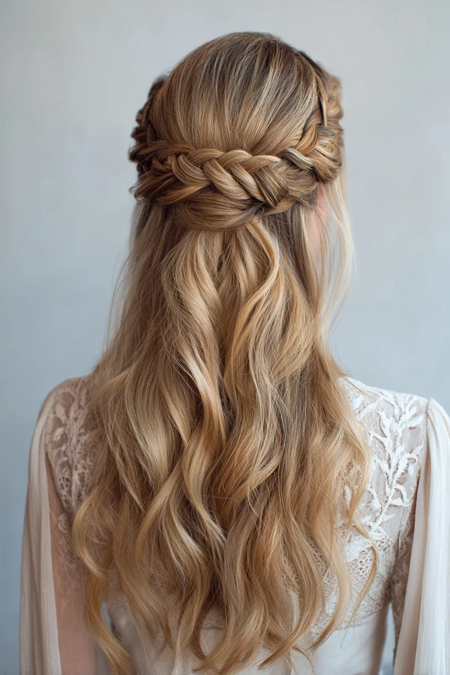 Soft Half-Up Crown Braid with Loose Beachy Waves