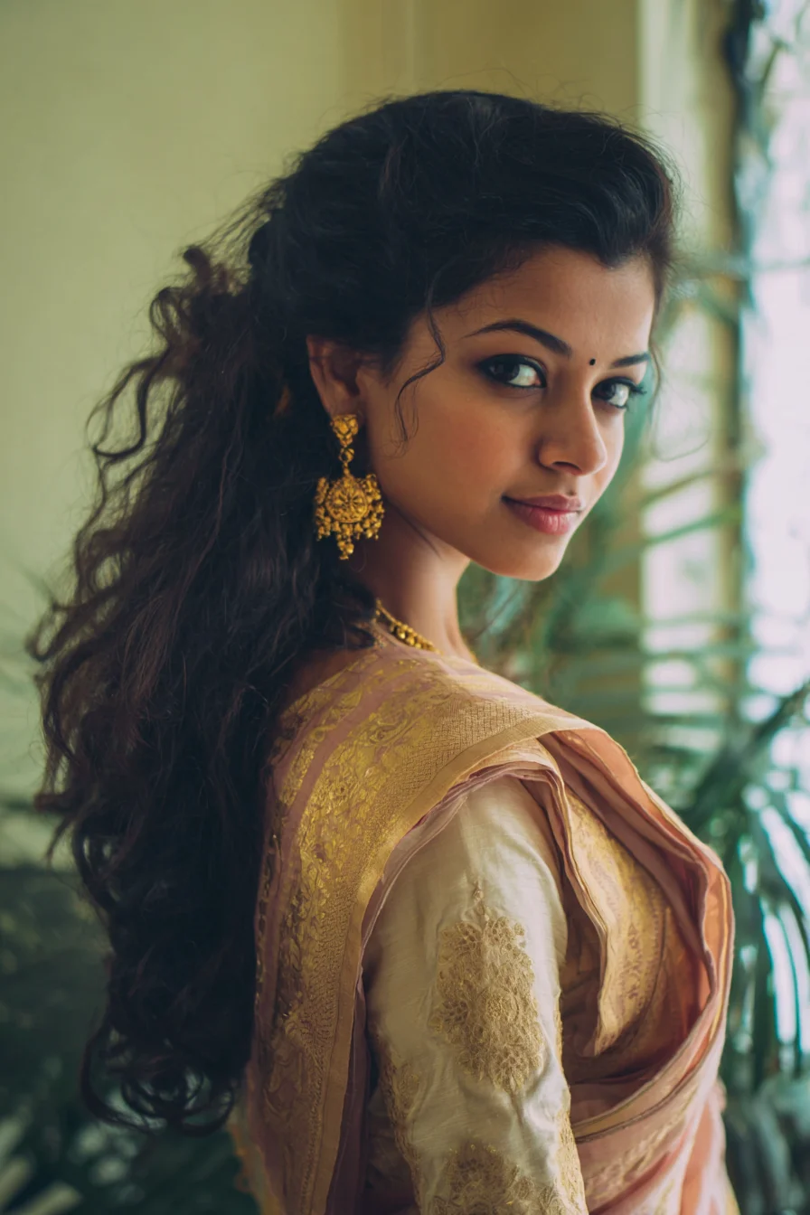 Soft Half-Up Curls with Face-Framing Tendrils