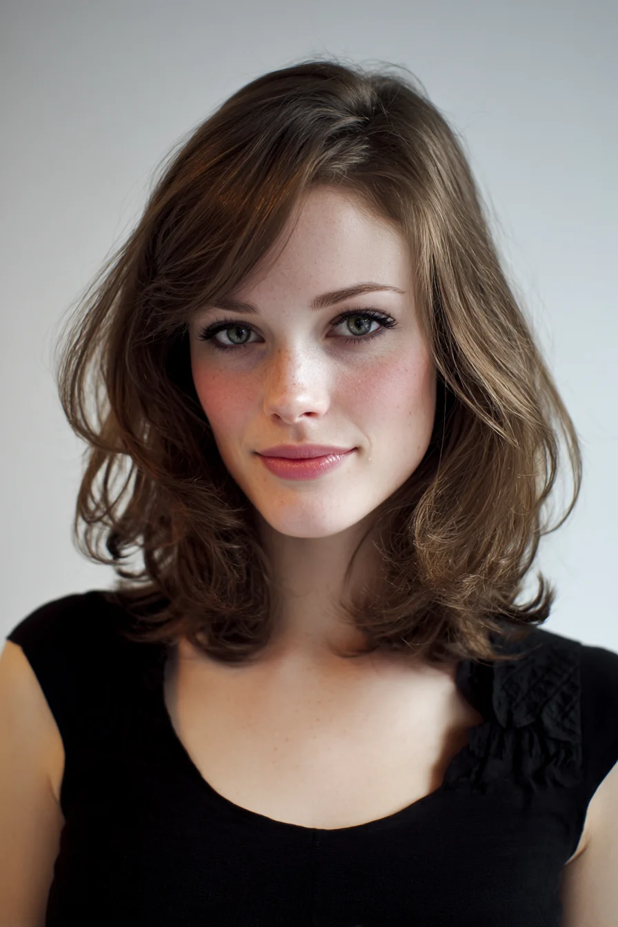 Soft Layered Lob with Face-Framing Curtain Bangs and Flip