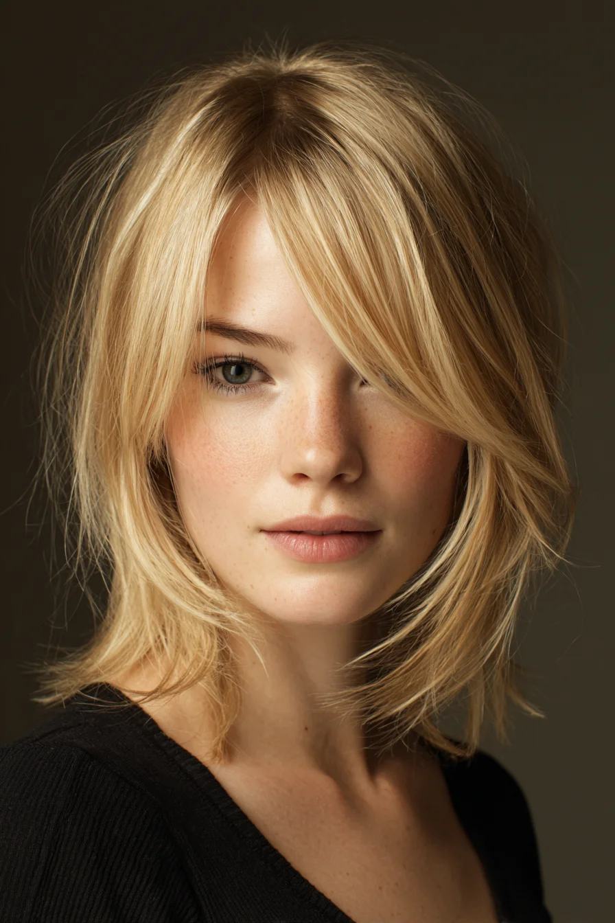 Soft Layered Lob with Face-Framing Curtain Bangs