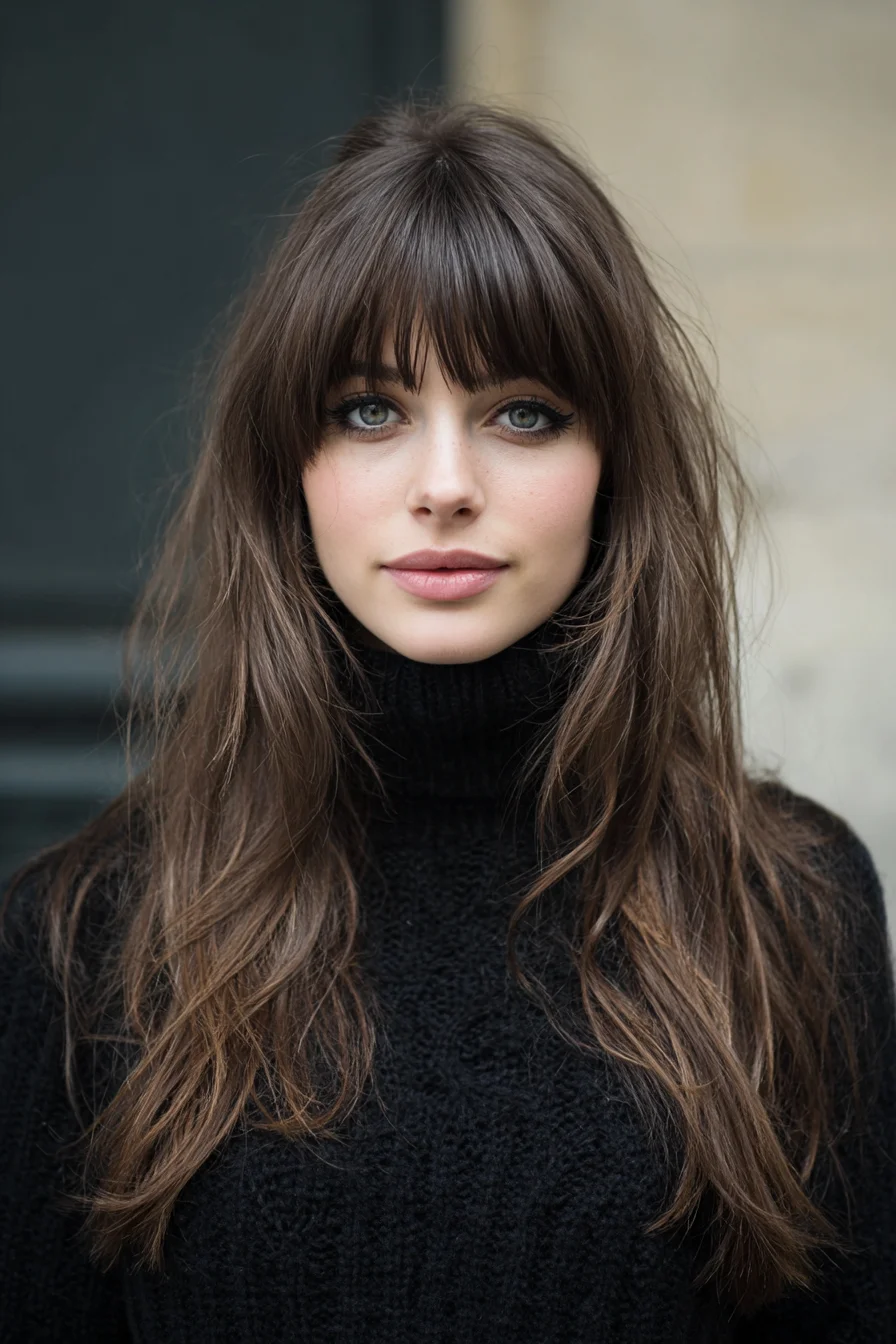 Soft Layered Long Hair with Messy Curtain Bangs