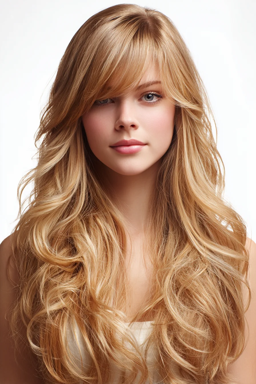 Soft Long Layered Waves with Curtain Bangs and Texture