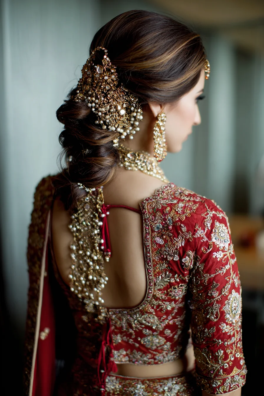 Soft Low Braided Bun with Traditional Bridal Jewelry
