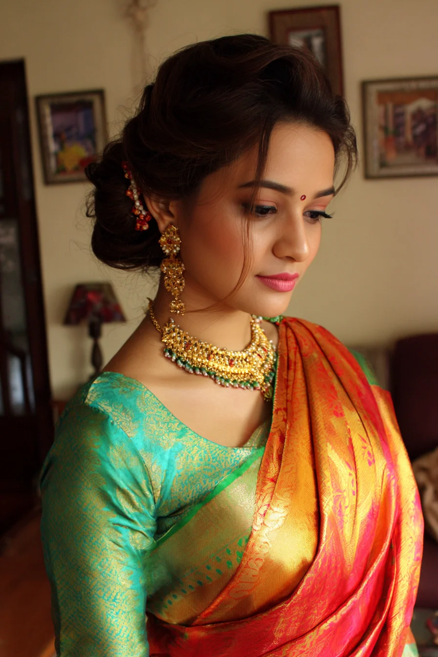Soft Low Chignon with Face-Framing Tendrils for Formal Saree