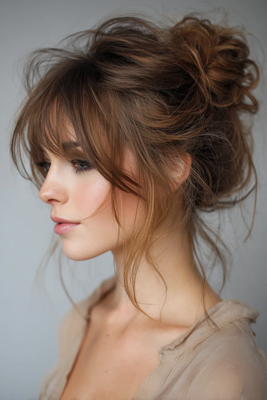 Soft Messy Bun with Curtain Bangs and Face-Framing Pieces