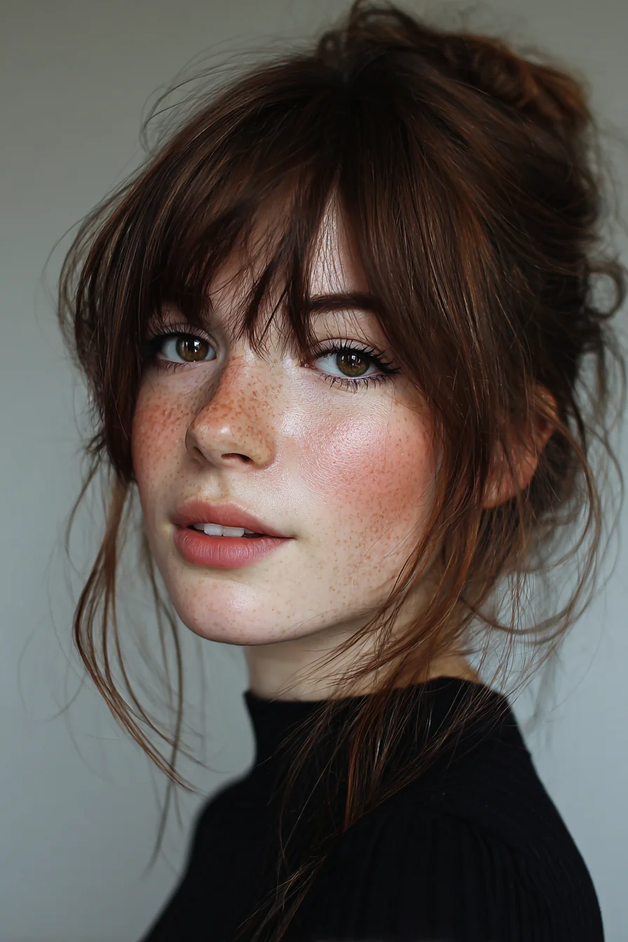 Soft Messy Bun with Curtain Bangs and Face-Framing Wisps