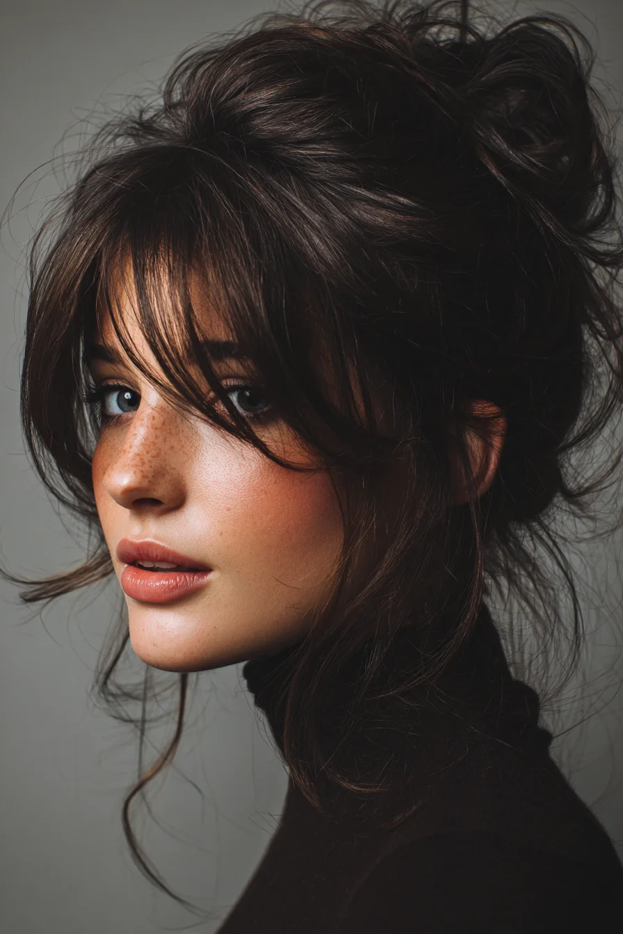 Soft Messy Bun with Face-Framing Bangs for Everyday