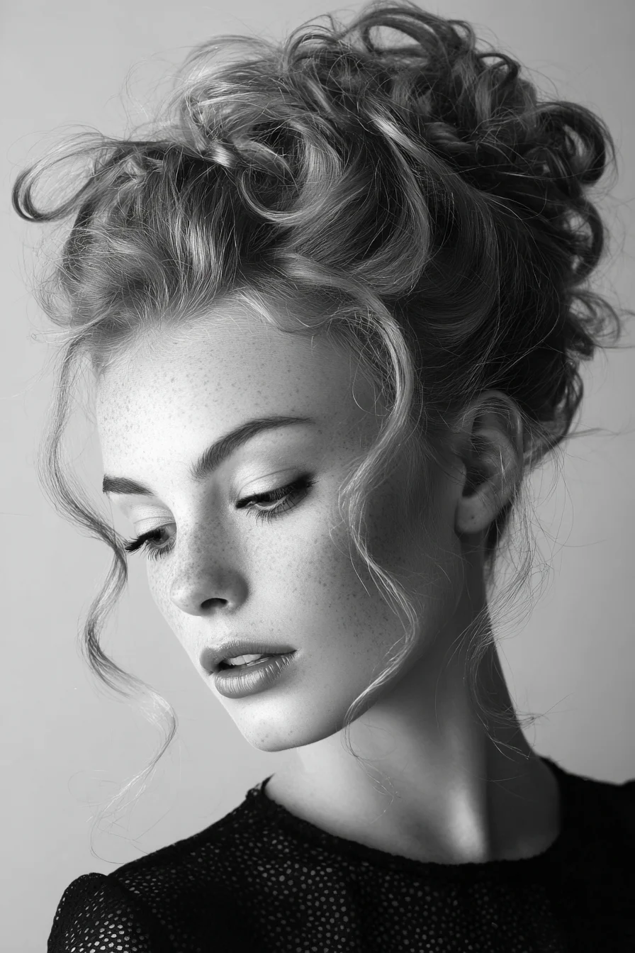 Soft Messy Curly Updo with Face-Framing Tendrils