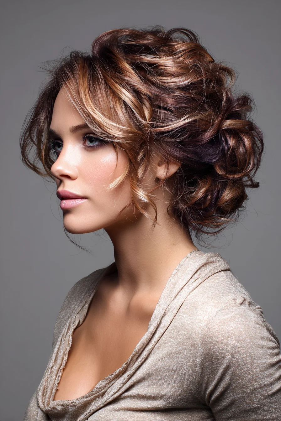 Soft Messy Low Bun with Curtain Bangs and Highlights