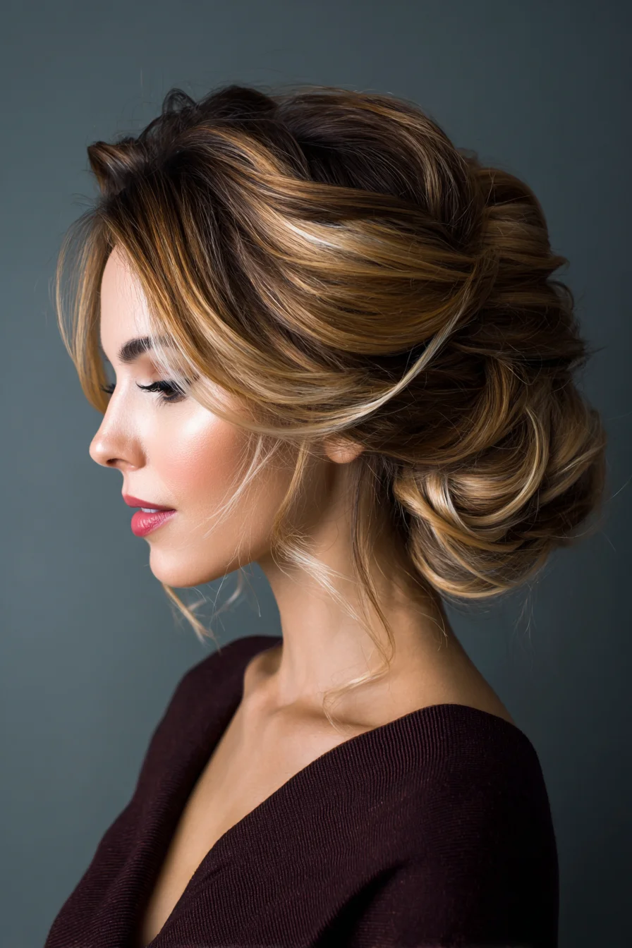 Soft Messy Low Bun with Face-Framing Pieces and Volume