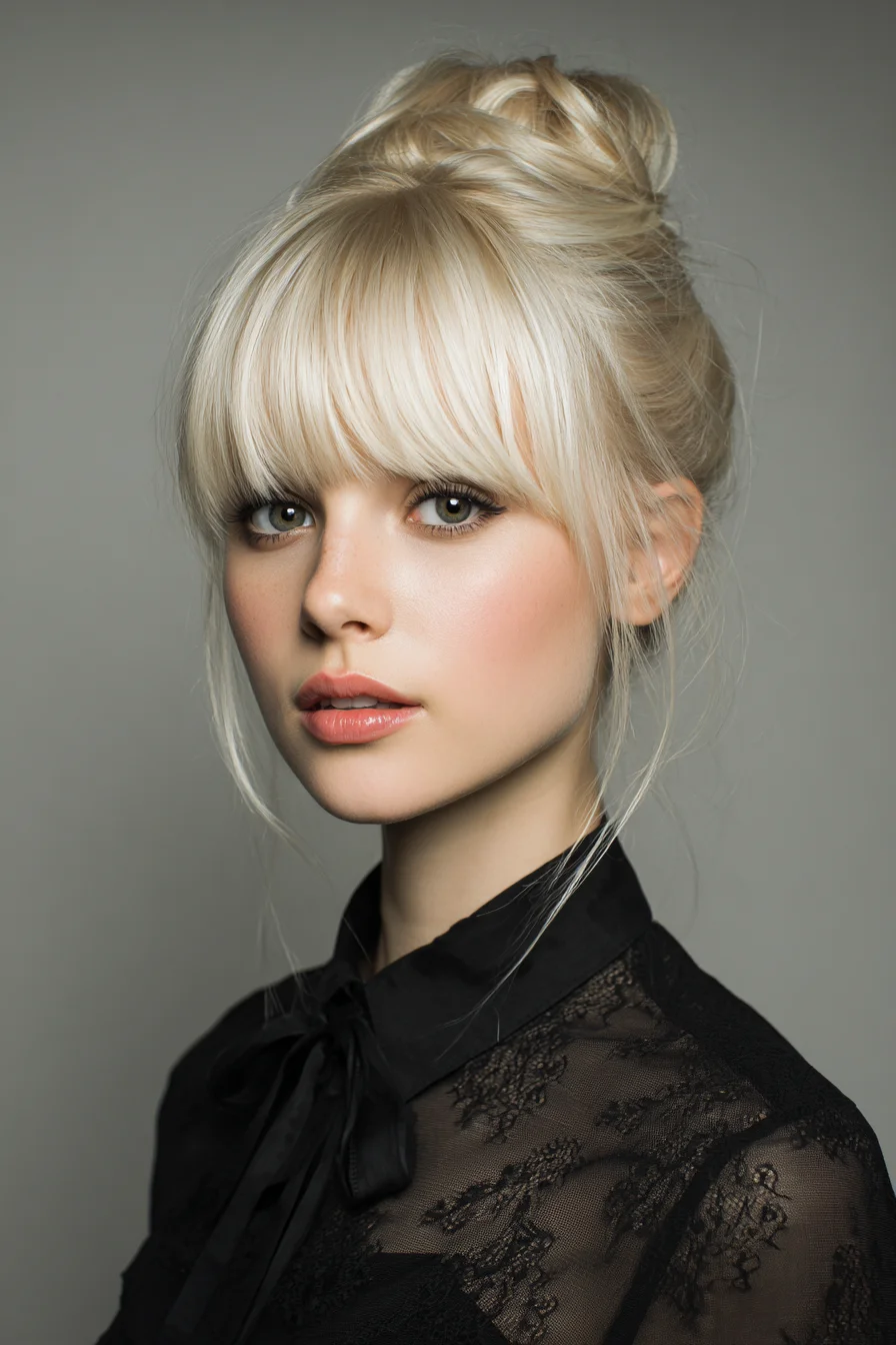 Soft Messy Top Knot with Full Blunt Bangs for Work