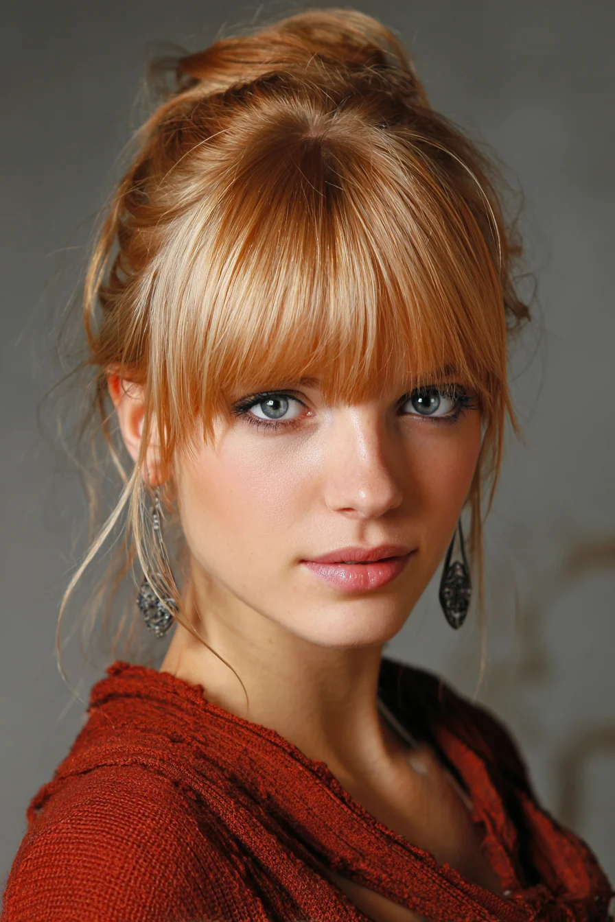 Soft Messy Topknot with Blunt Curtain Bangs for Everyday