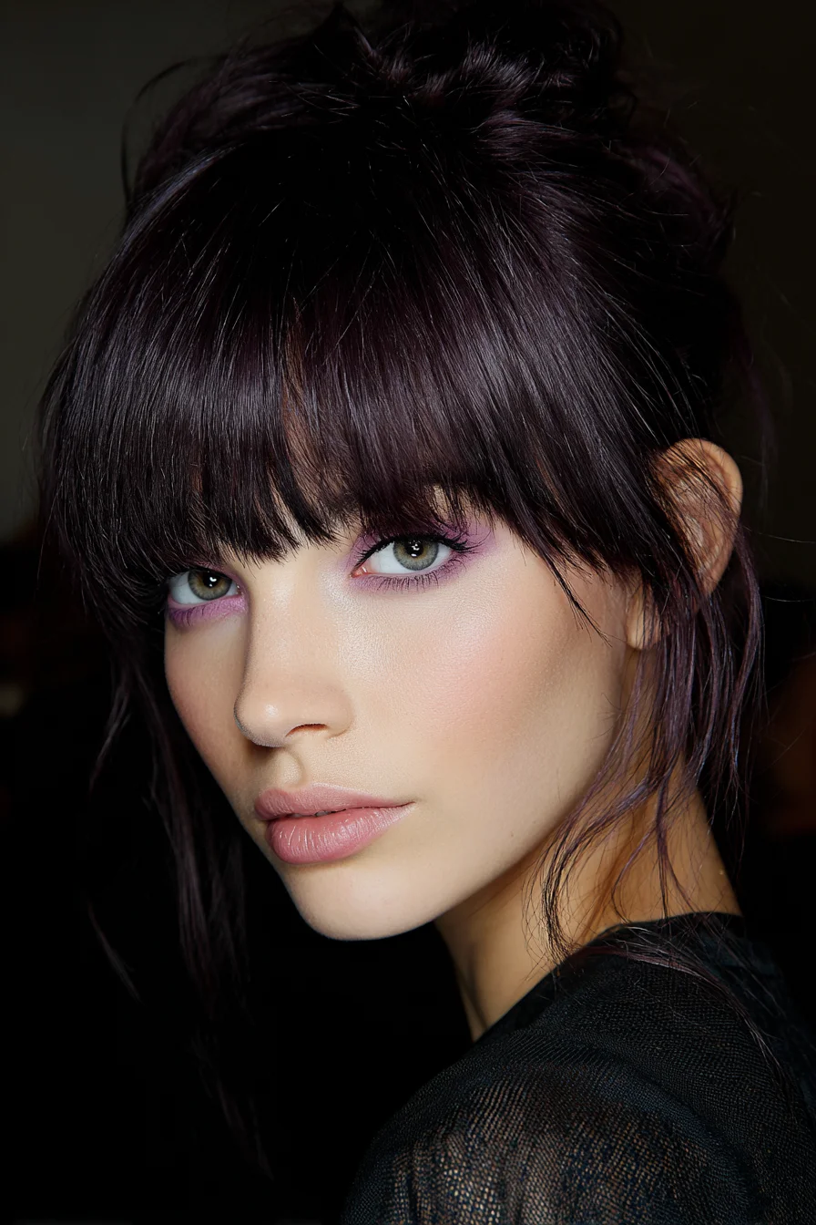 Soft Messy Topknot with Blunt Fringe and Face-Framing Bits