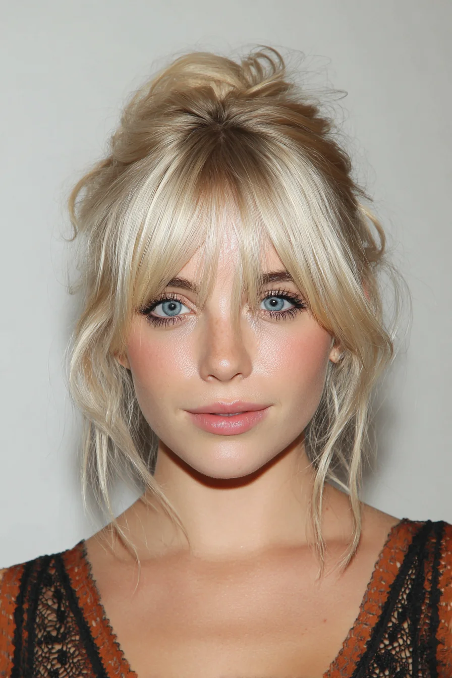 Soft messy topknot with curtain bangs and face-framing