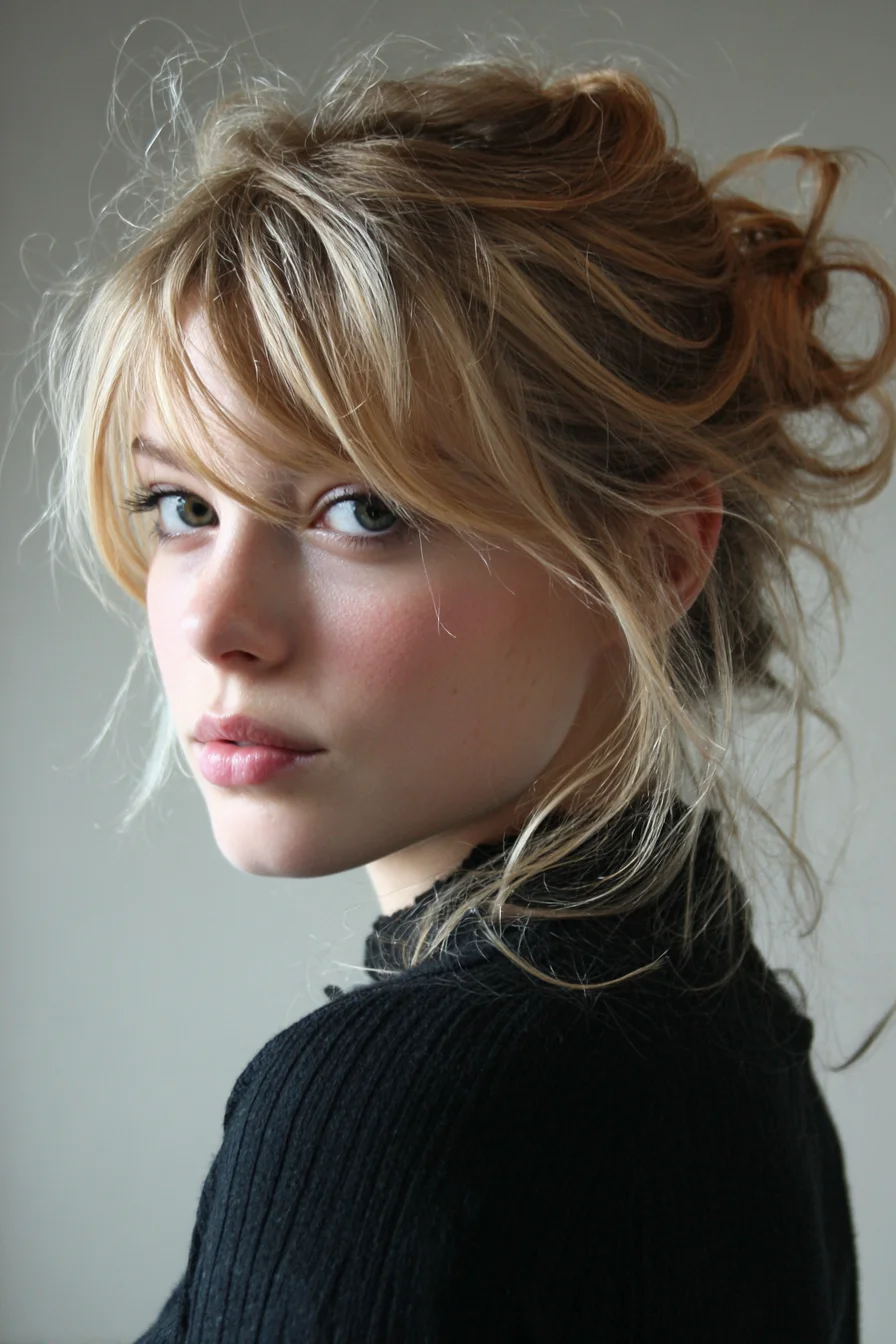 Soft Messy Updo with Curtain Bangs - Casual Chic