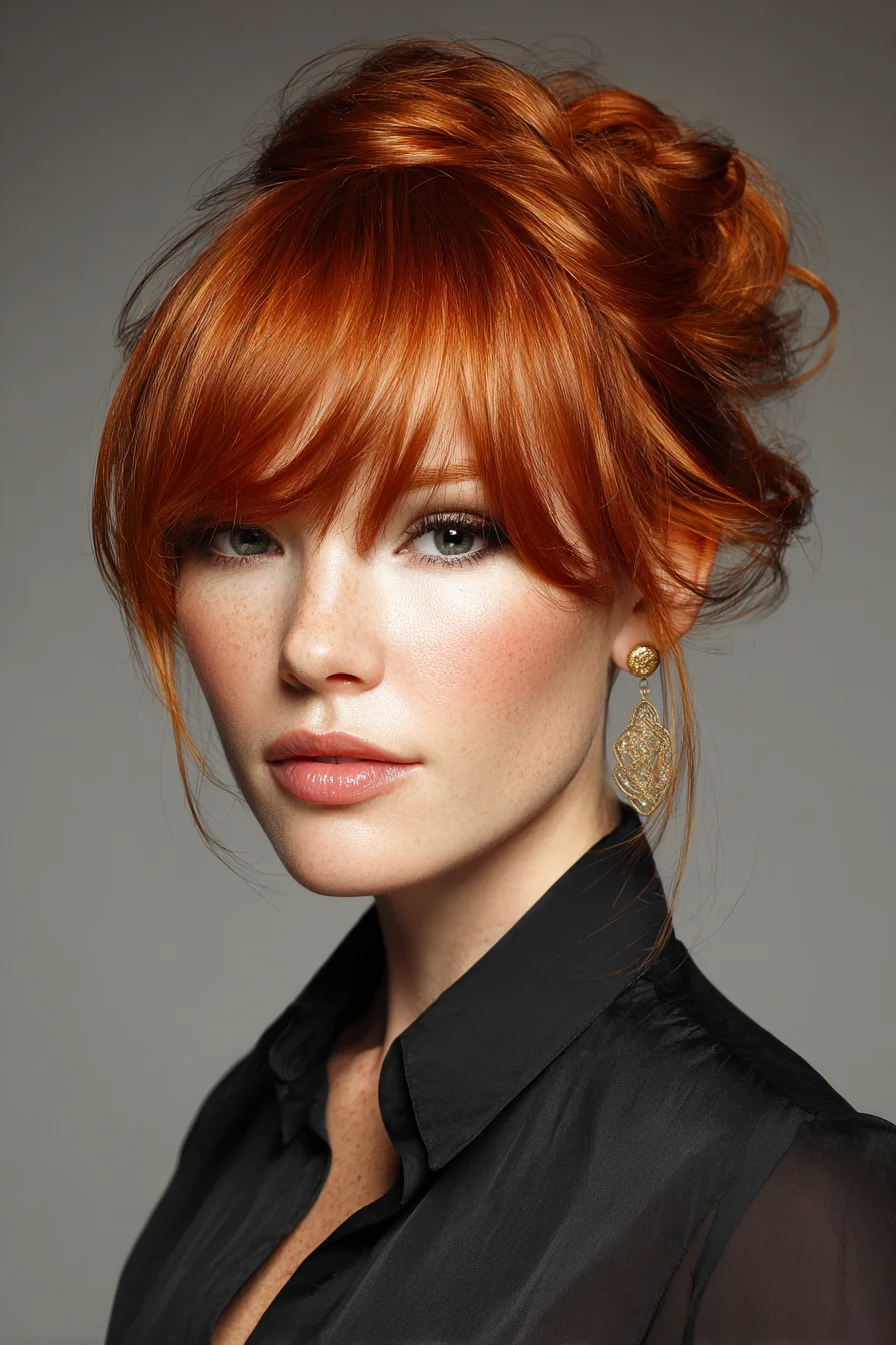 Soft Messy Updo with Curtain Bangs for Everyday Elegance