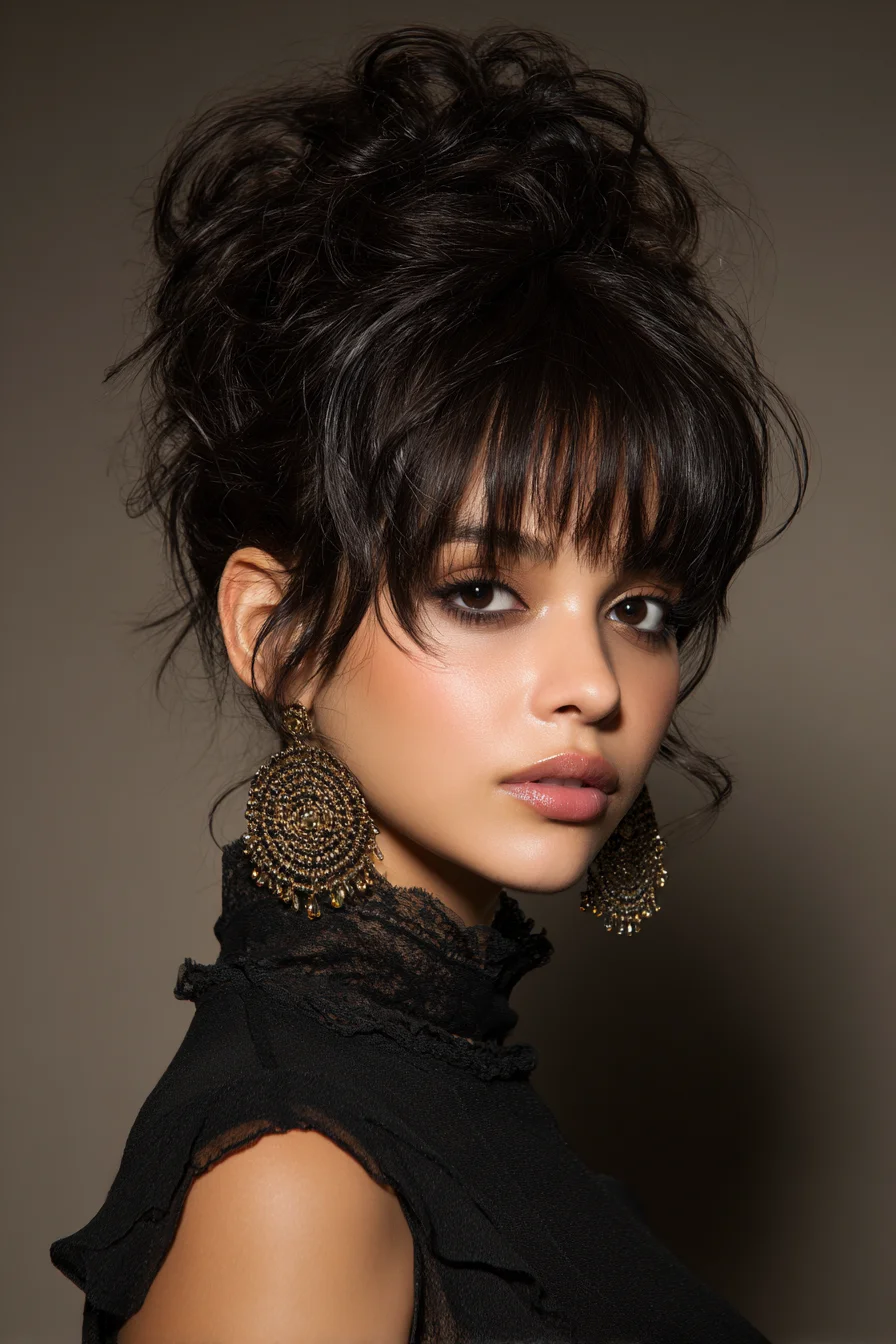 Soft Messy Updo with Face-Framing Bangs for Evenings