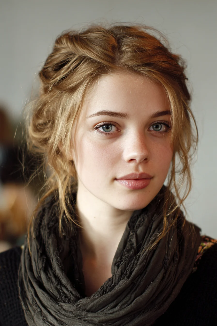 Soft, Messy Updo with Twisted Sections and Wispy Face-Framing