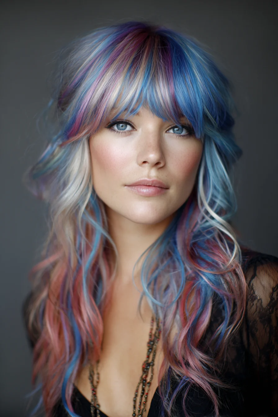 Soft Pastel Rainbow Layers with Face-Framing Fringe
