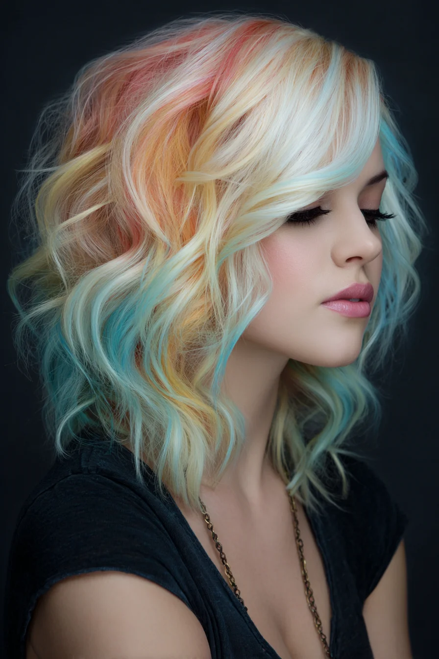 Soft Pastel Rainbow Waves on a Textured Shoulder-Length Lob