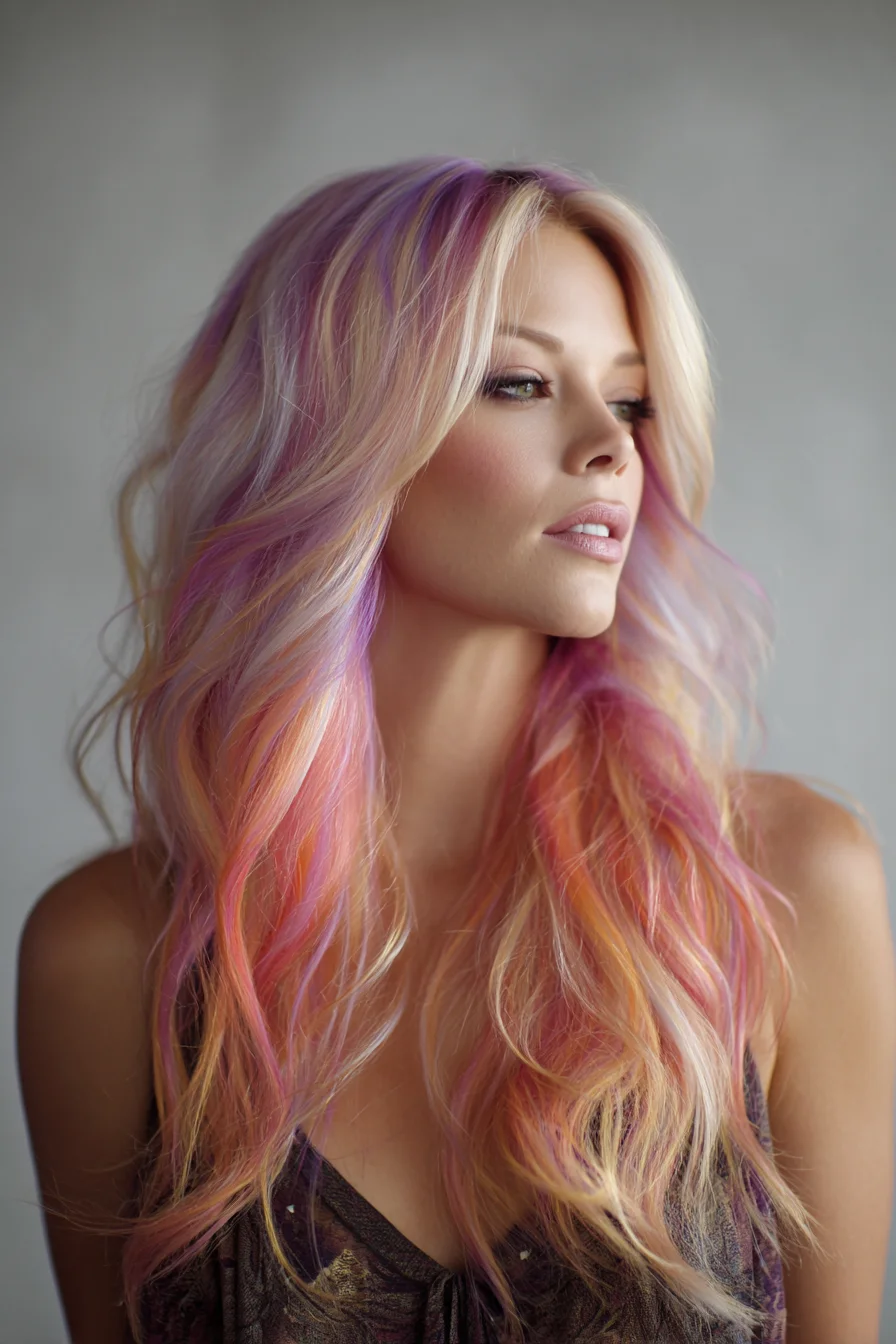 Soft Pastel Rainbow Waves with Face-Framing Blonde
