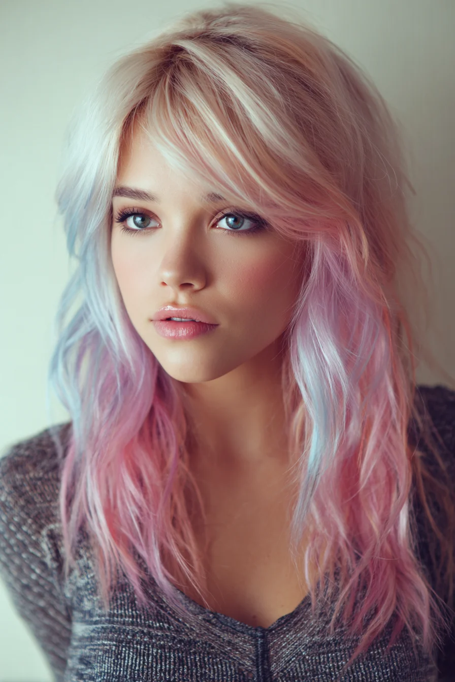Soft Pastel Waves with Curtain Bangs and Texture