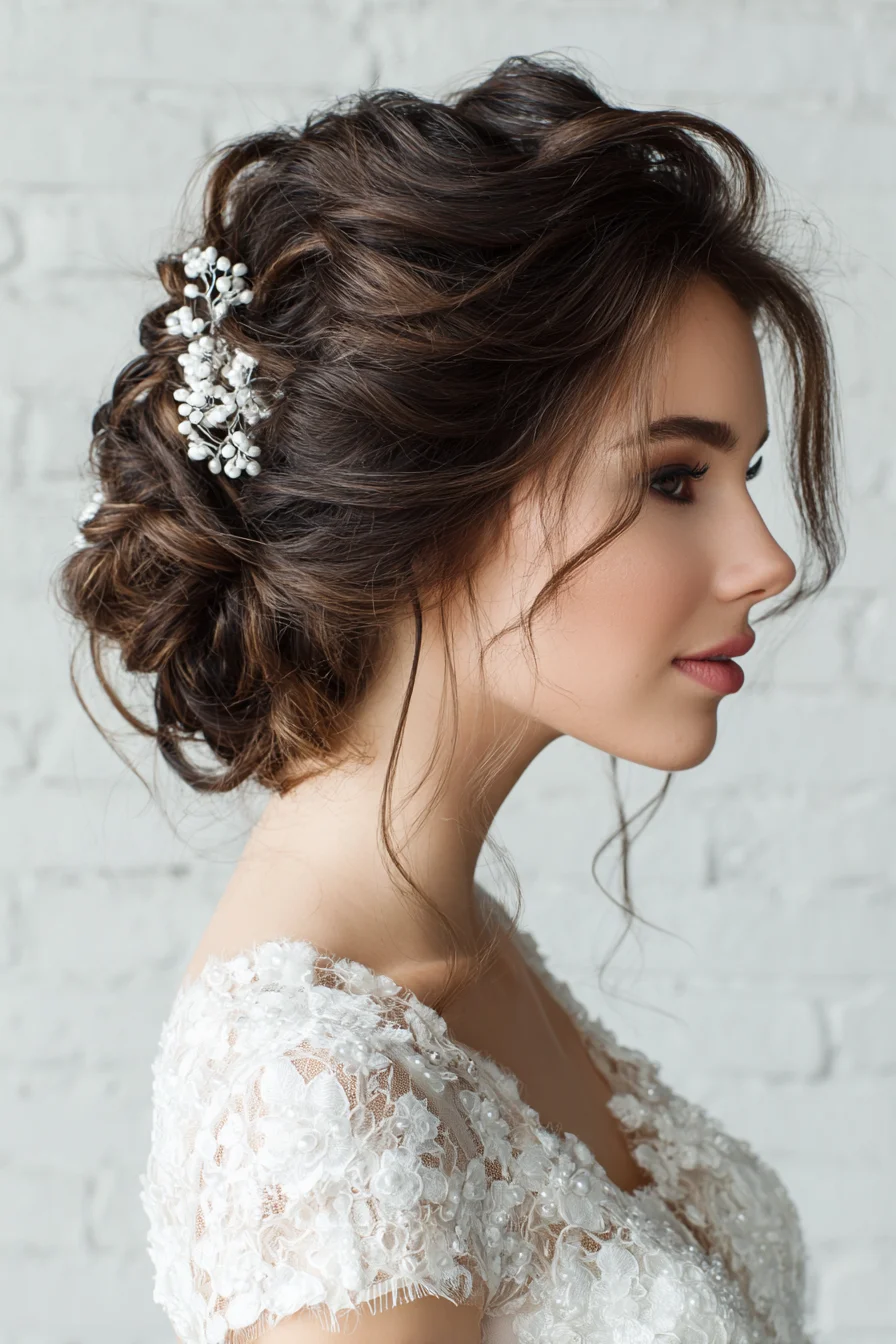 Soft romantic low updo with delicate floral hairpiece