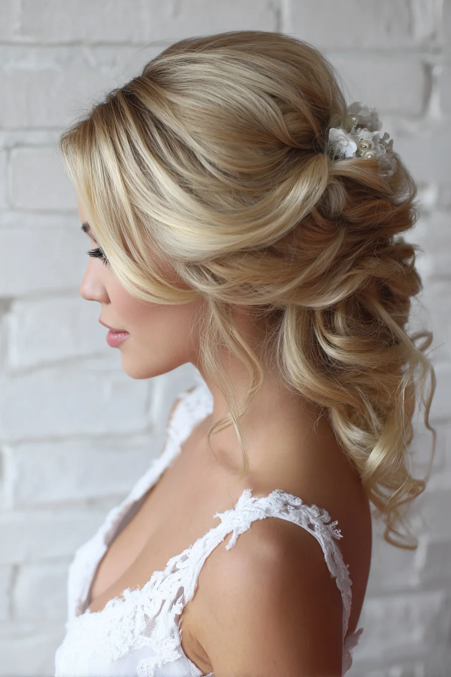 Soft Romantic Low Updo with Face-Framing Curls