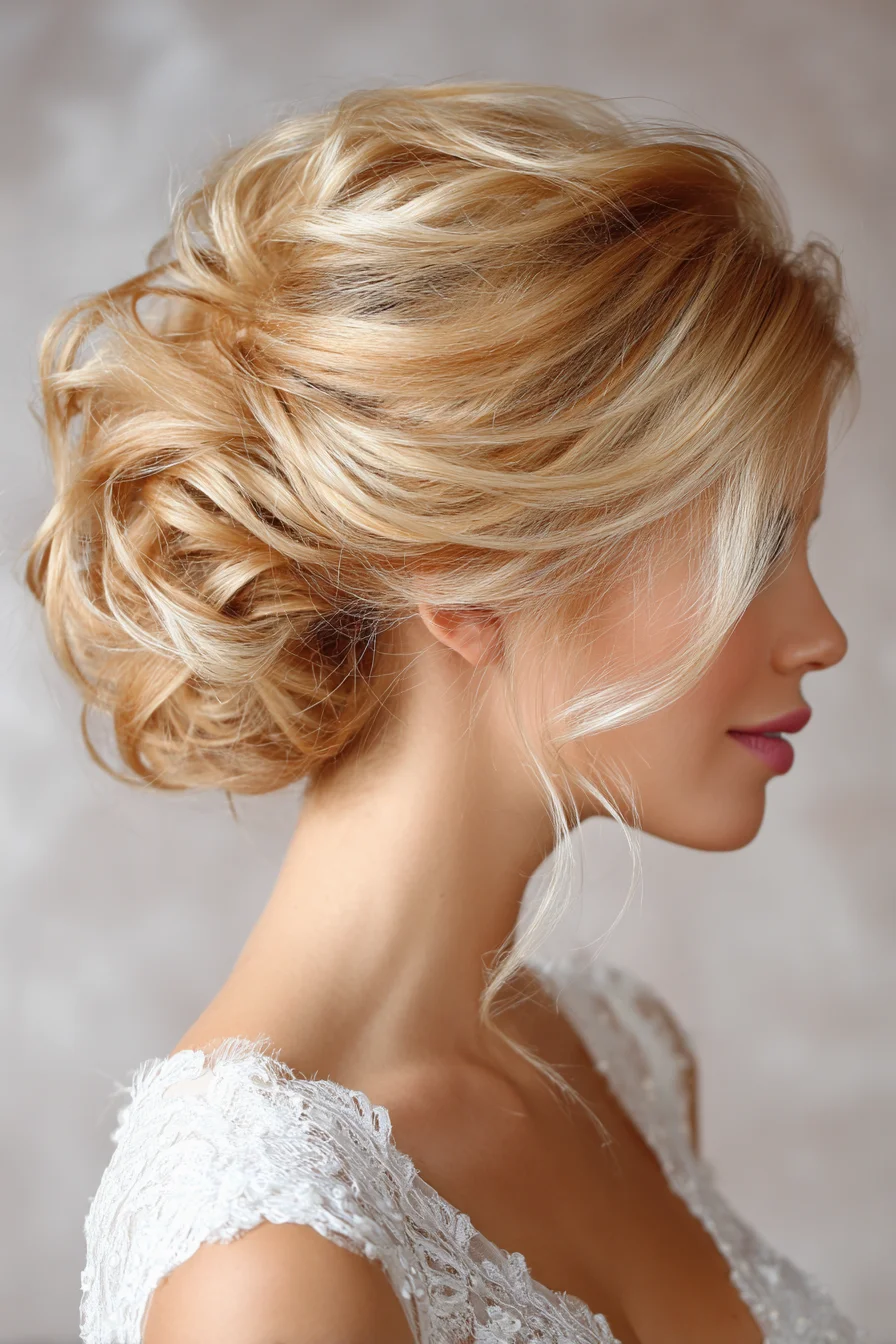 Soft Romantic Low Updo with Face-Framing Tendrils