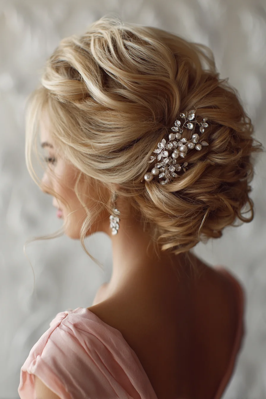 Soft Romantic Low Updo with Pearl Hairpiece and Tendrils