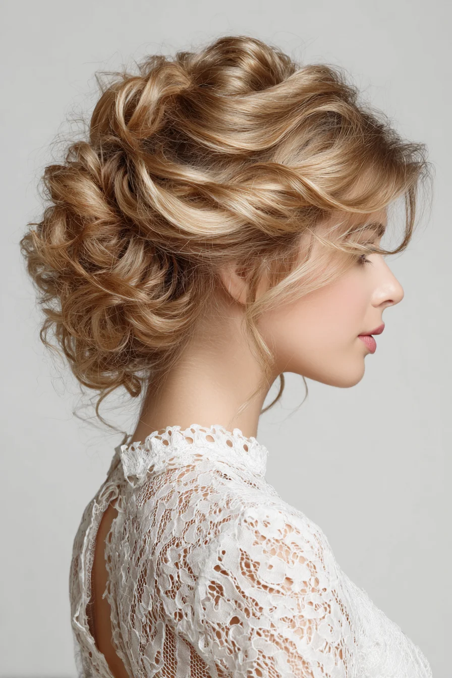 Soft Romantic Updo with Loose Curls and Face-Framing Pieces