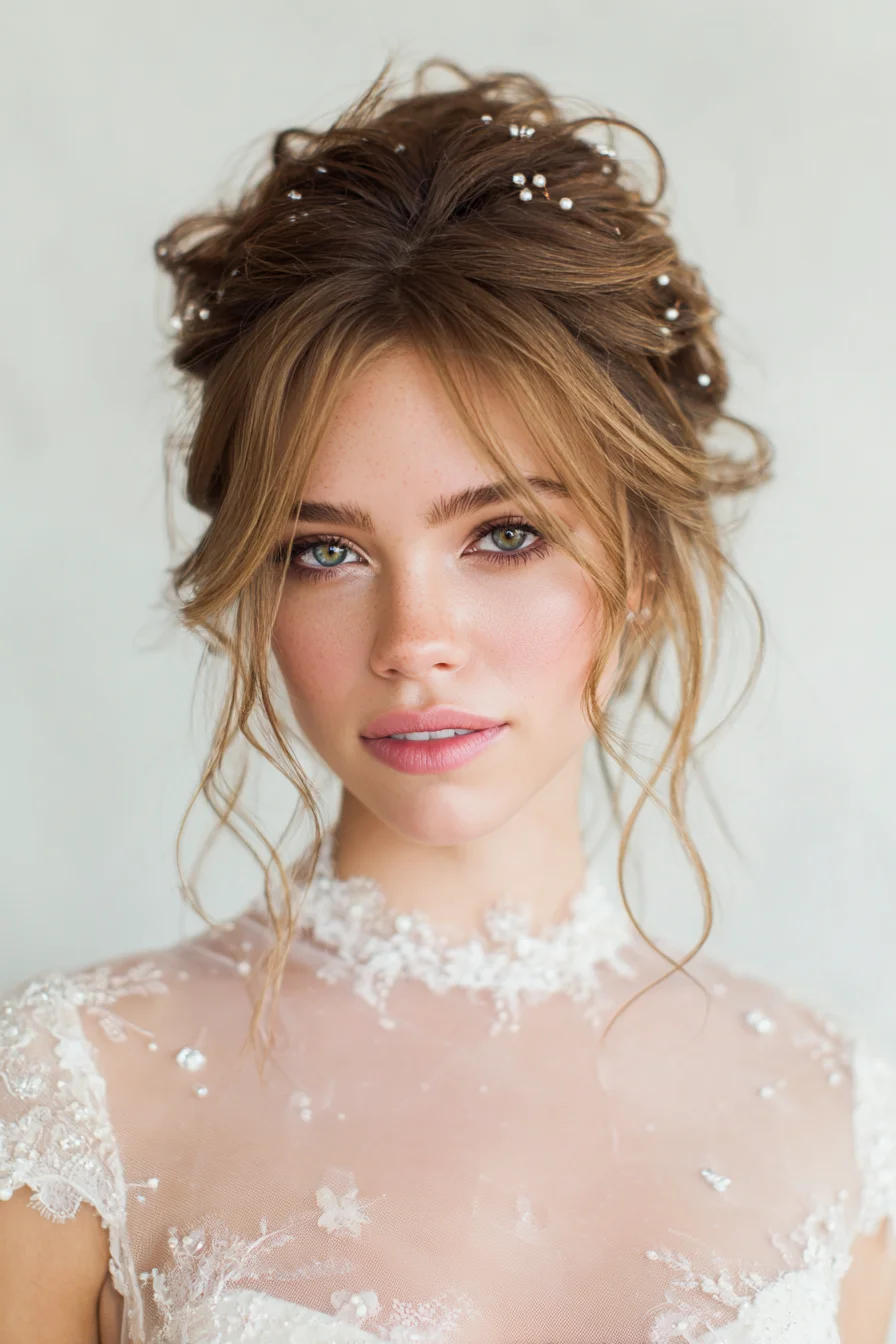 Soft Textured Bridal Updo with Face-Framing Tendrils