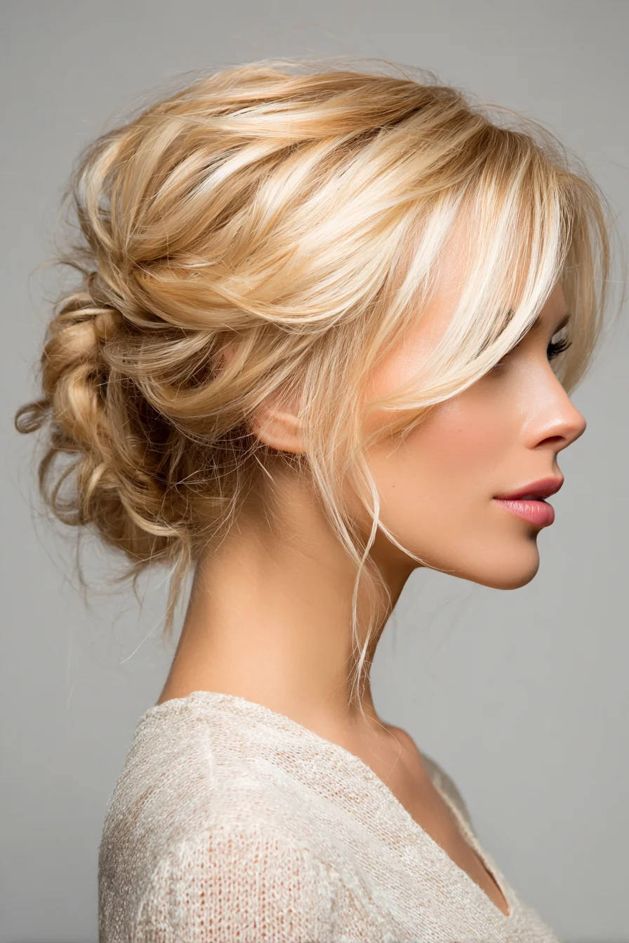 Soft Textured Low Bun with Face‑Framing Pieces