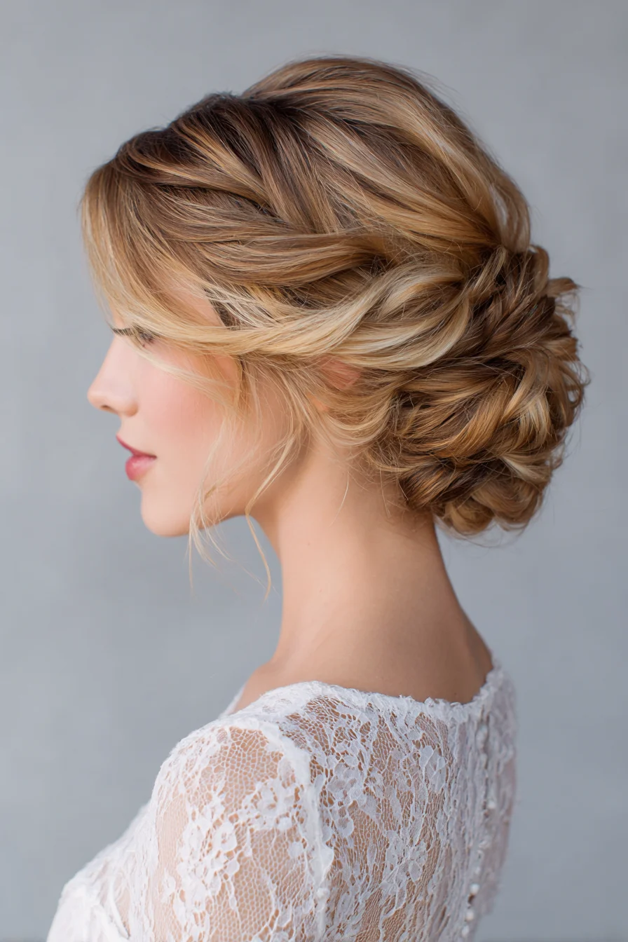 Soft Textured Low Bun with Face-Framing Tendrils