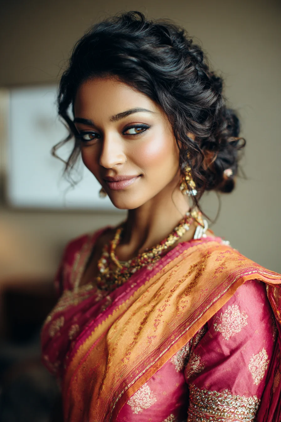 Soft Textured Low Updo with Face‑Framing Tendrils