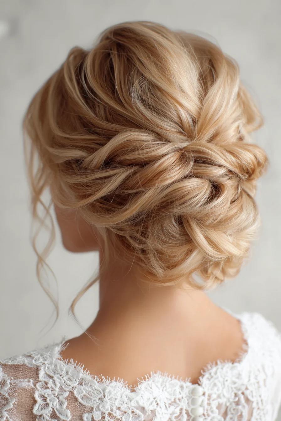 Soft Textured Low Updo with Loose Face-Framing Tendrils