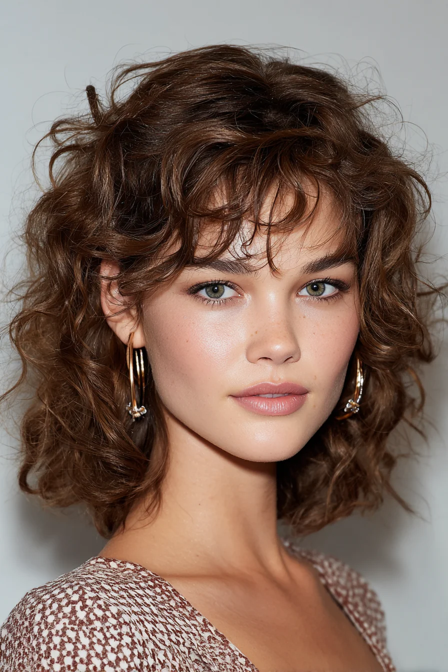 Soft Tousled Curly Lob with Wispy Curtain Bangs