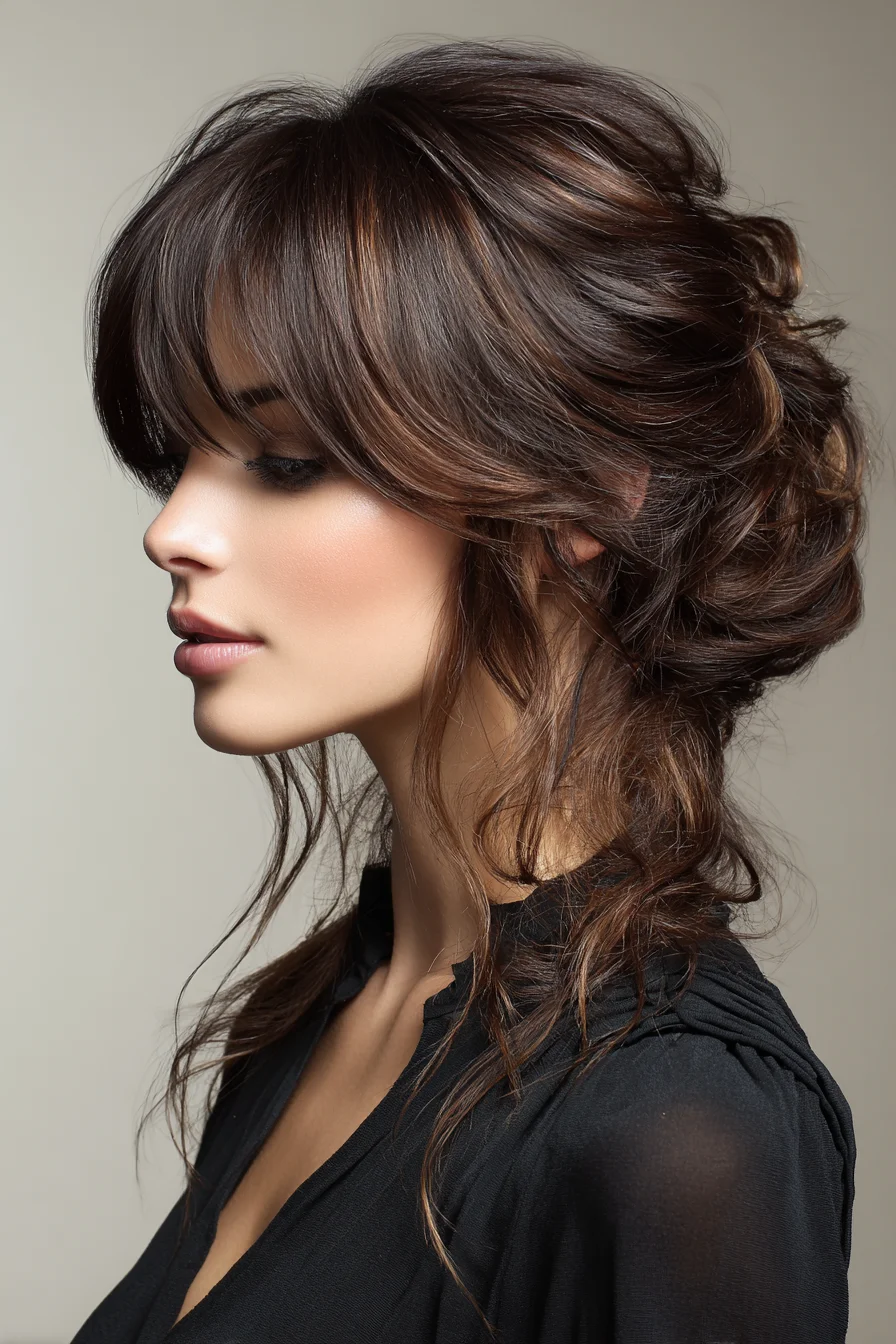 Soft Tousled Low Updo with Face-Framing Bangs