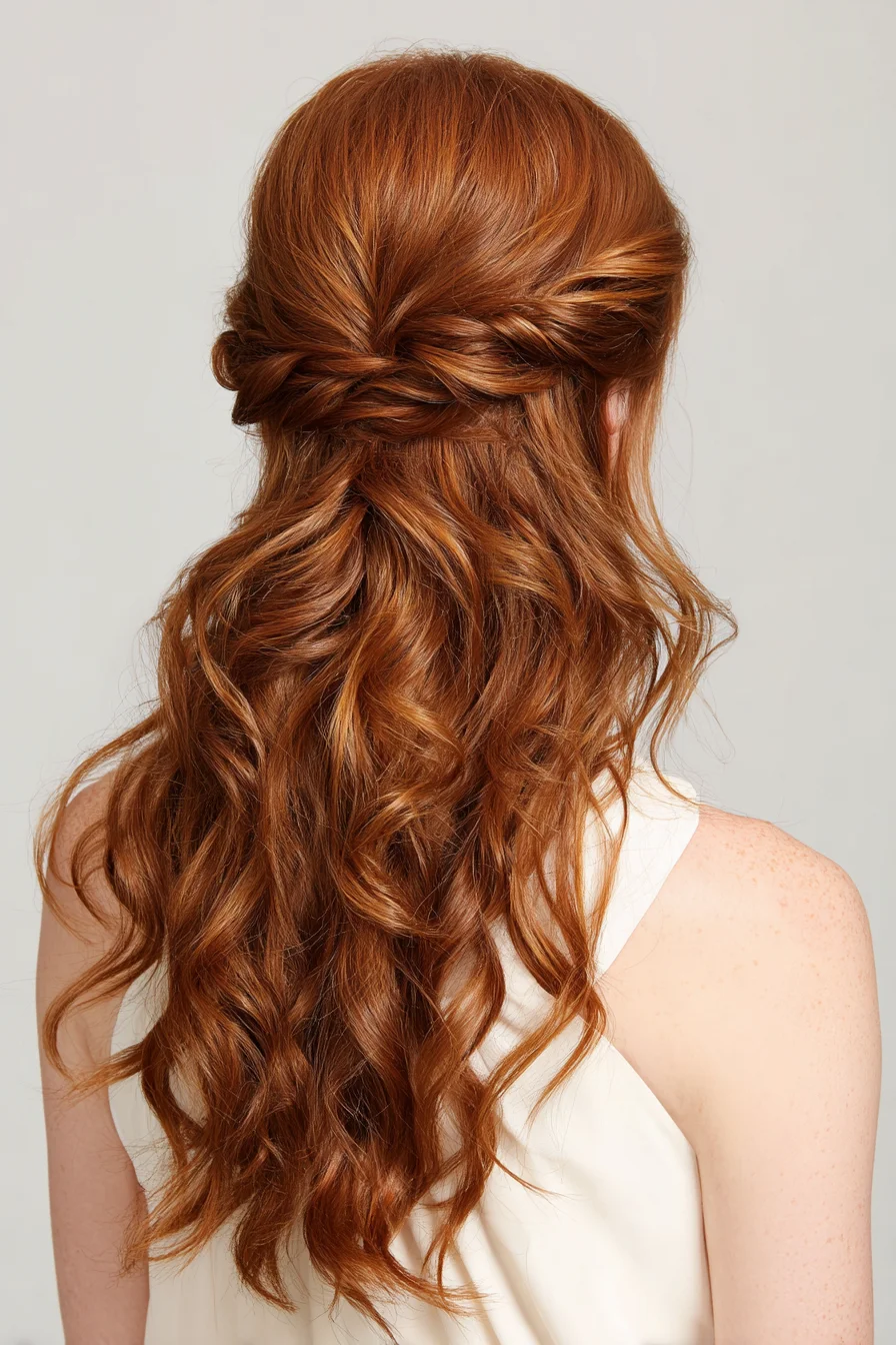 Soft Twisted Half-Up with Loose Beachy Waves for Copper Hair
