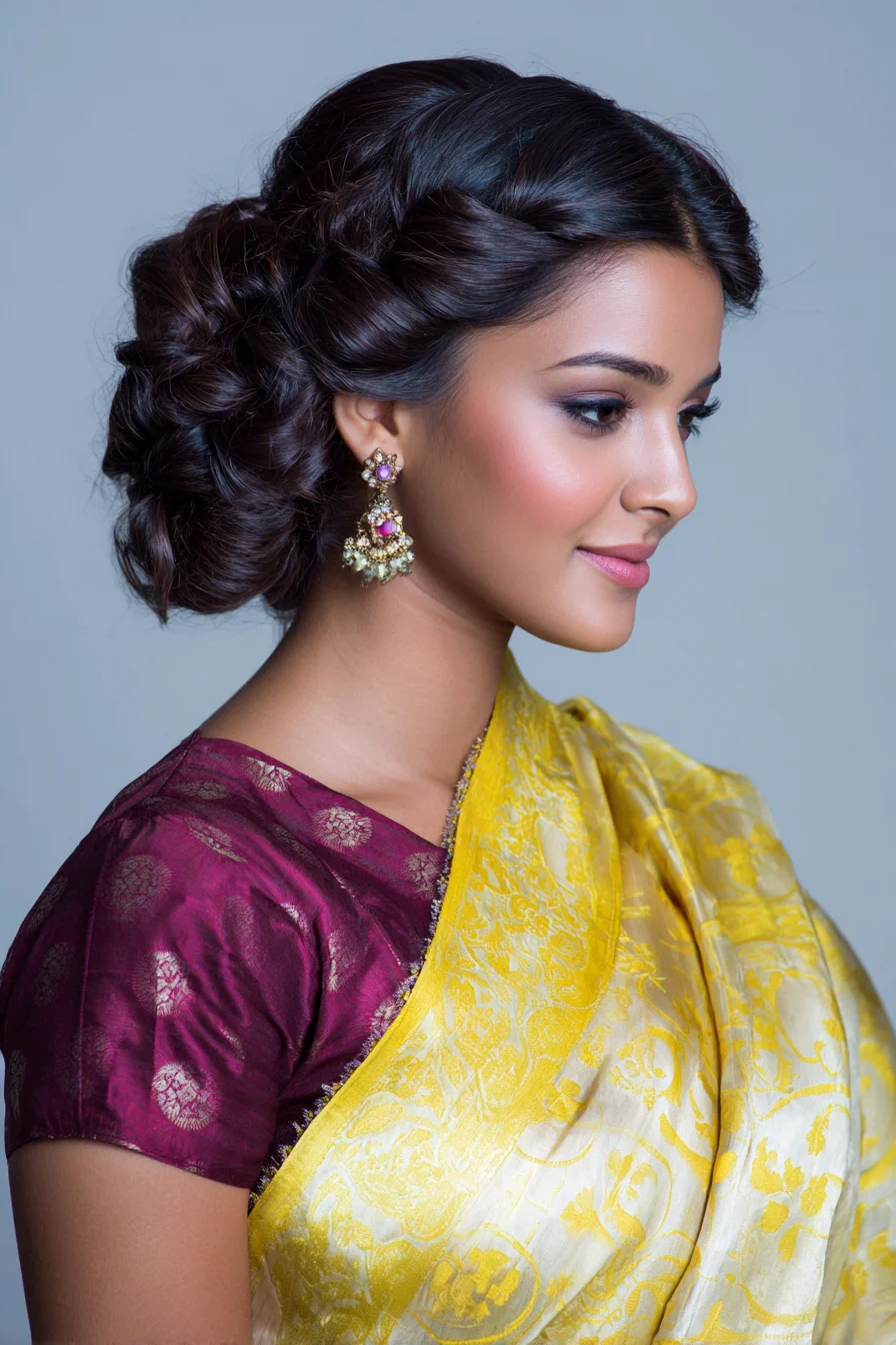 Soft Twisted Low Bun with Braided Crown - Elegant Ethnic Updo