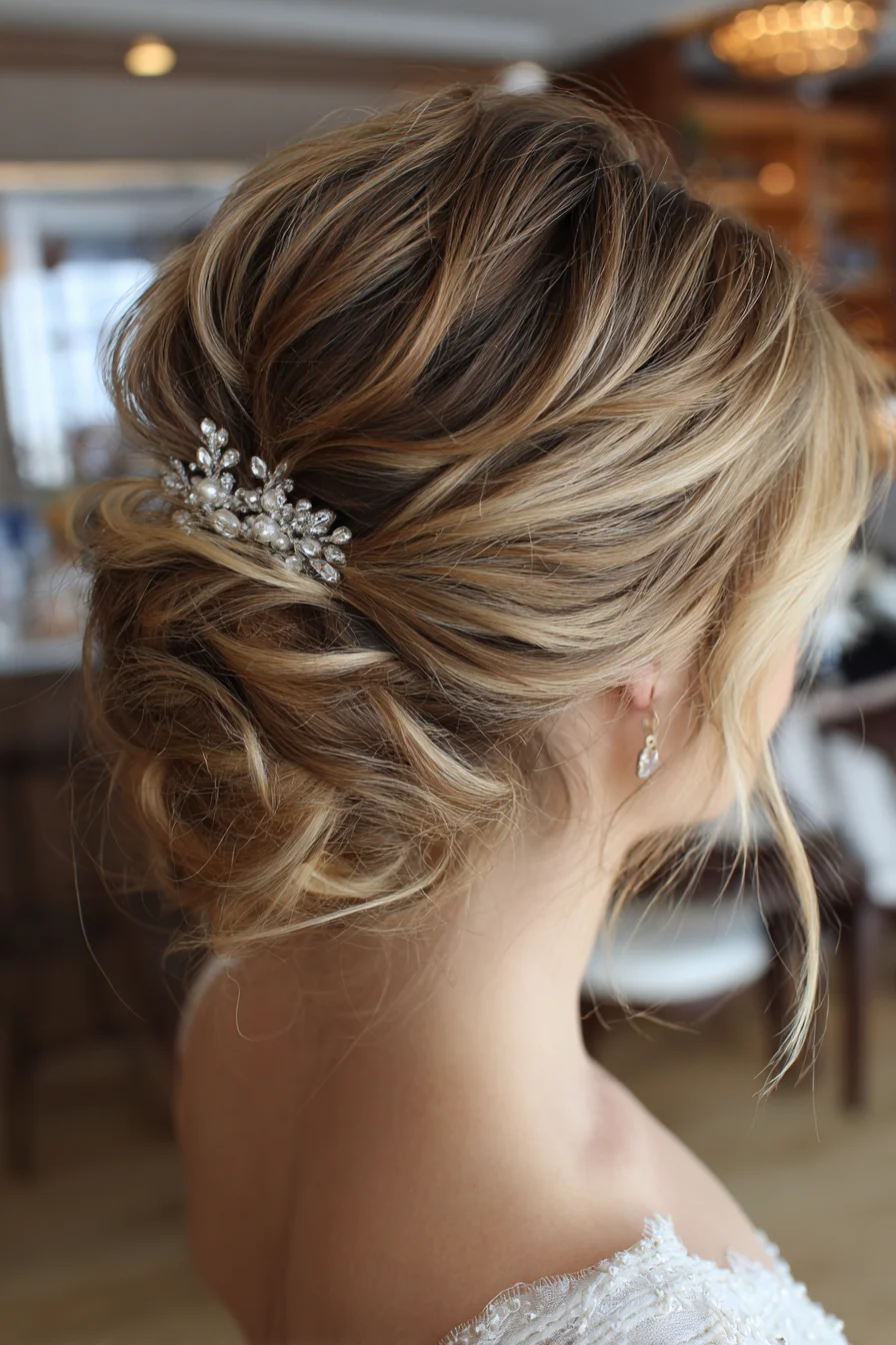 Soft Twisted Low Updo with Romantic Hair Pin Detail
