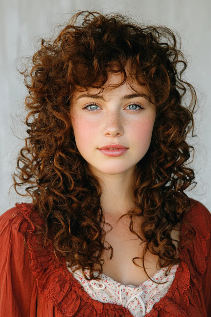 Soft Voluminous Curls with Shaggy Curtain Bangs