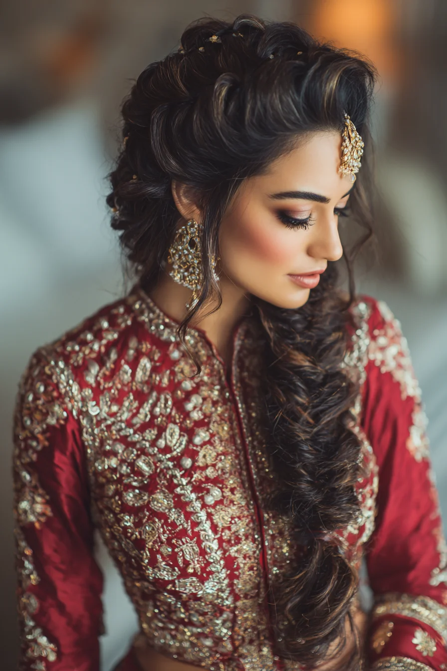 Soft, Voluminous Side Fishtail with Romantic Tendrils