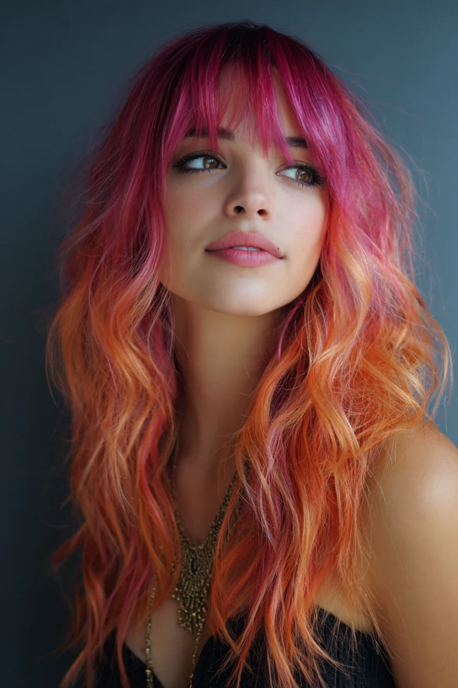Sunset Ombré Beach Waves with Choppy Curtain Bangs