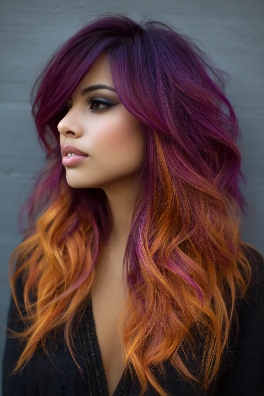 Sunset Ombre Waves: Purple Roots to Fiery Orange Ends