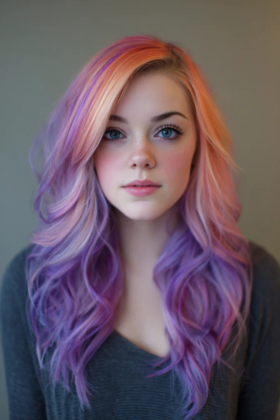 Sunset Pastel Waves with Lavender Ends and Soft Face Framing
