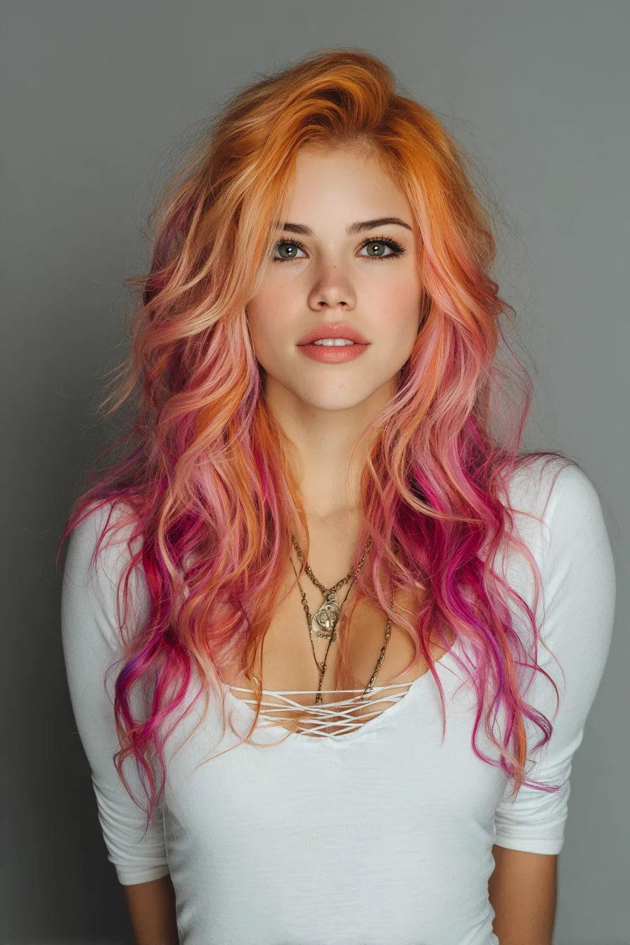 Sunset Waves: Tousled Long Layers with Pink Ombre