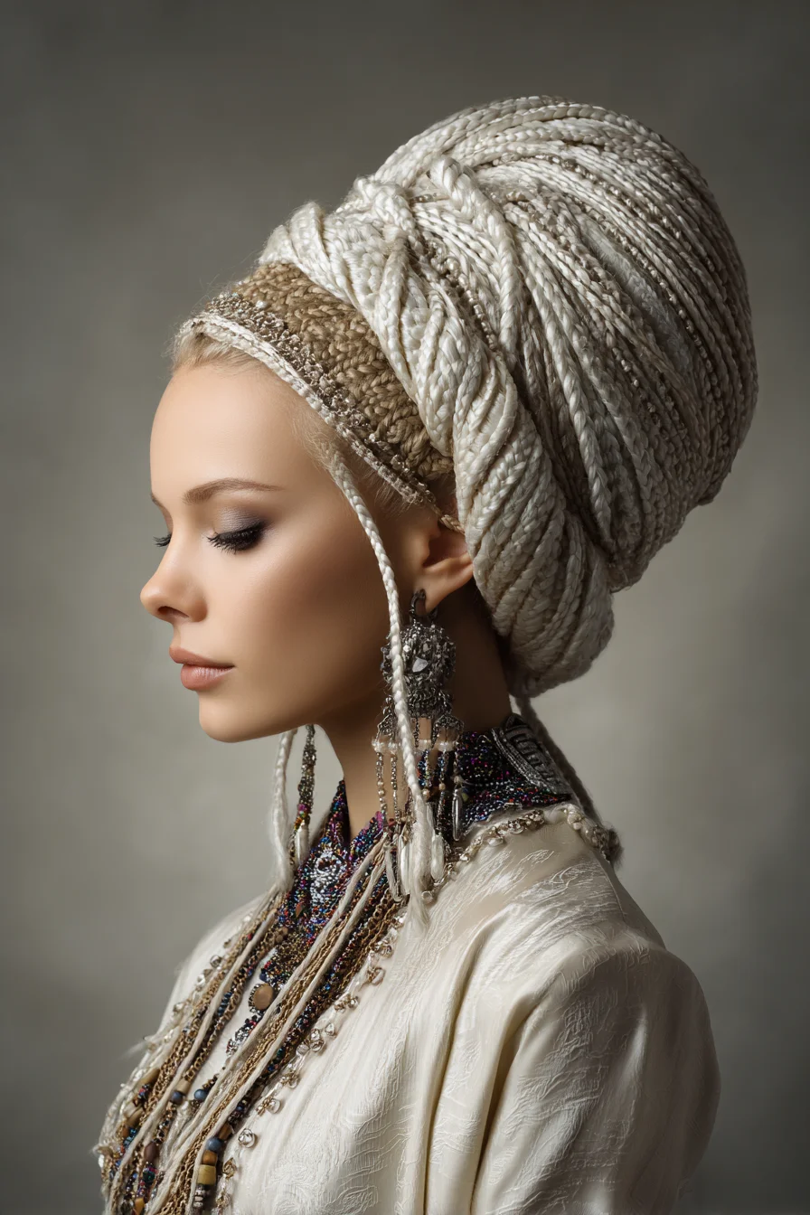 Tall Wrapped Braided Updo with Boho Beading and Textured Crown