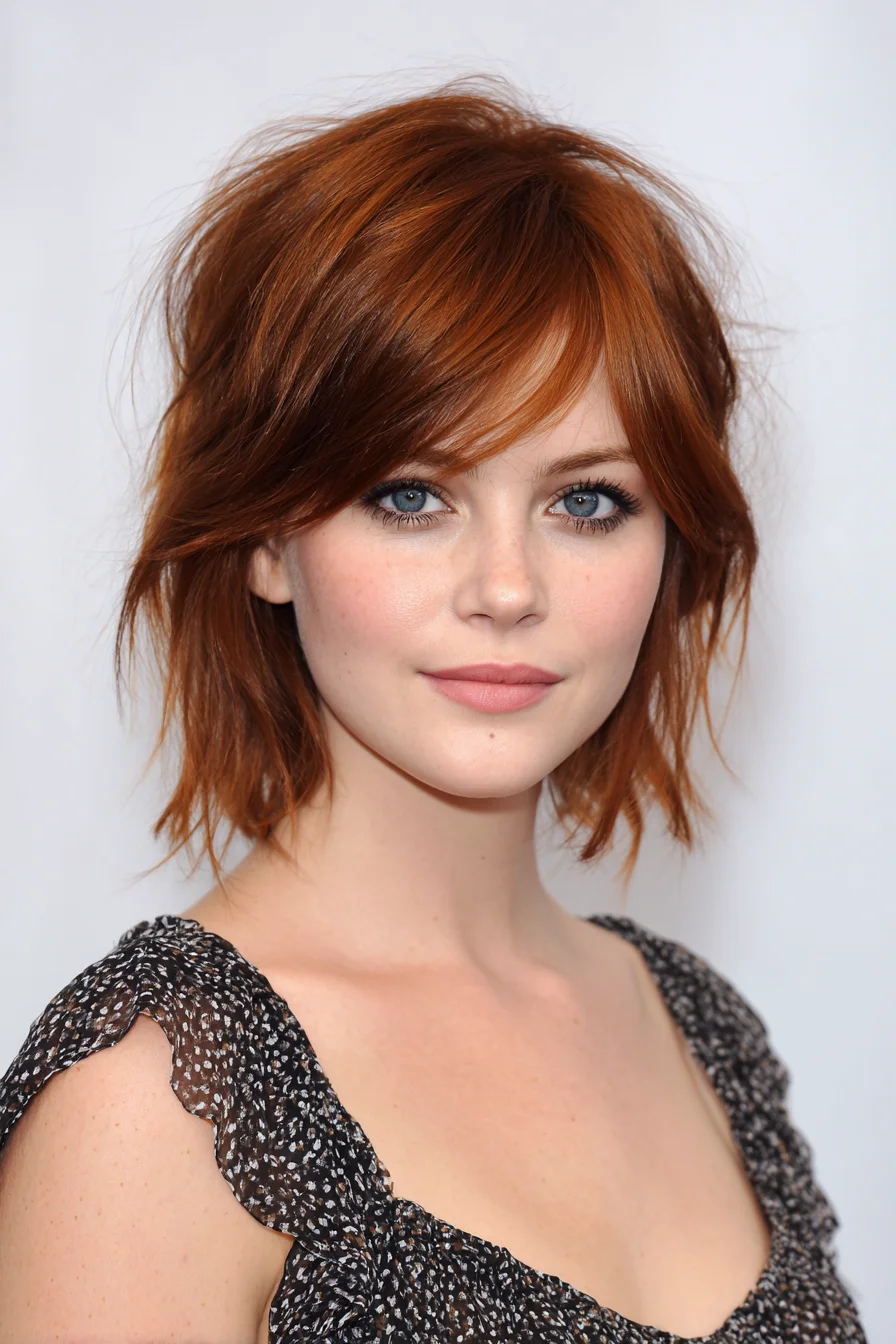 Textured Auburn Shag Bob with Wispy Side Bangs