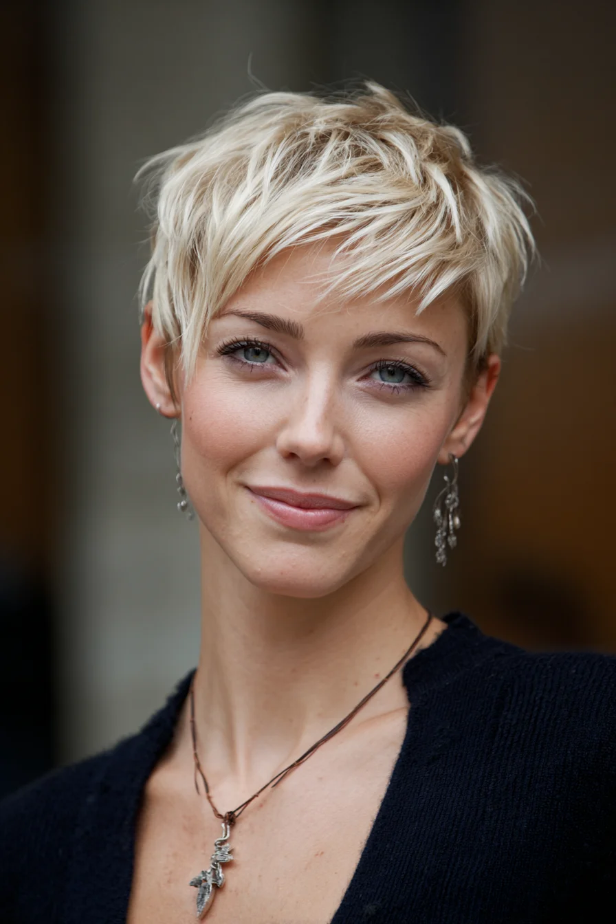 Textured Blonde Pixie with Piecey Side Fringe, Tousled Top